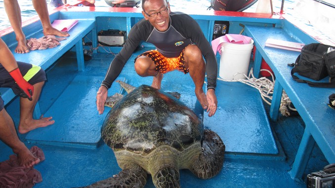 Mr Subuh Mohd Yunus displays the enormous size of a green turtle that was caught during the sea turtle research and conservation activities in Mabul Island